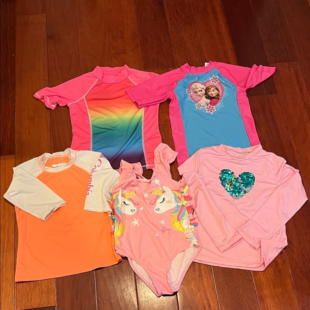 Colorful Kids Swim Rashguards and bathing suit Bundle- Size 6/6X and 7